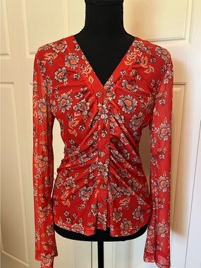 Red Sheer Floral Ruched Long-Sleeve Button-up Women's Top